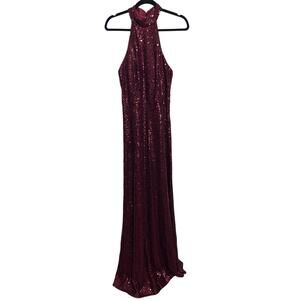 Revelry Burgundy Sequin Neck Halter Dress Gown 10
